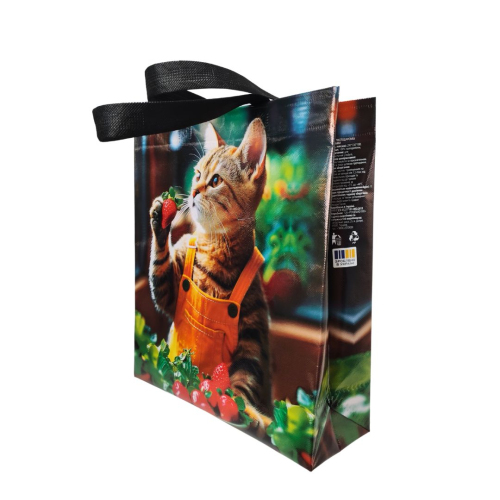 Laminated Eco-Bag "Cat with strawberries" 29 x 33 cm