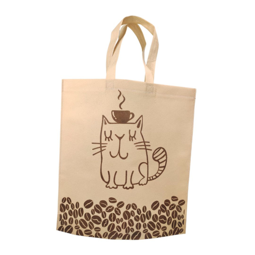 Flat Eco-Bag with loop handles 'Cat with coffee' 36.5 x 40 cm (beige)