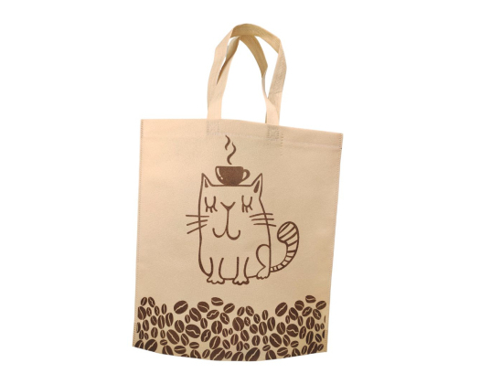 Flat Eco-Bag with loop handles 'Cat with coffee' 36.5 x 40 cm (beige)